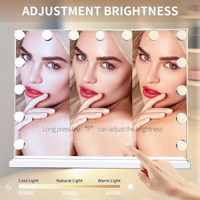 Hollywood Vanity Mirror with Lights, 15 Dimmable LED Bulbs 3 Color Lighted Makeup Mirror with Detachable 10X Magnification Mirror, Tabletop or Wall-Mounted, Touch Control