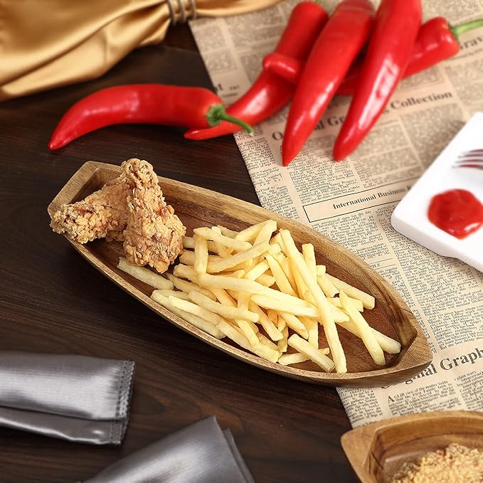 Lucky Boat Serving Tray, Acacia Solid Wood Boat Shape Plate for Serving Desserts, Fruit, Snack and Seafood or House Ornament,Key Tray,Functional and Storage Decorative Bowl。 (S)