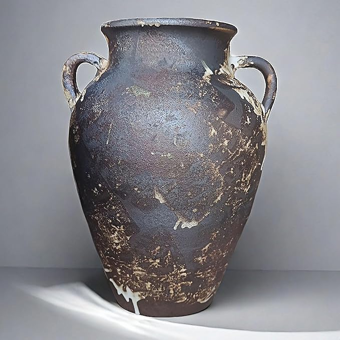 Black Pottery Vase - 10" Rustic Farmhouse vase, Vintage Weathered Terracotta Vases, Handmade Clay vases with Two Handles, Tall Textured Antique Vase for Home Decor, Entryway, Fireplace Mantel Decor