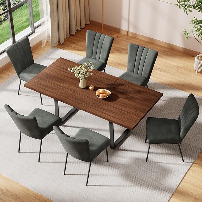 63''-79'' Retractable Modern Dining Table And Chair Combination, 6/8 People Family Dining Table Set, Industrial Style Wooden Table Top + Metal Table Legs, Soft-Pack Dining Chair, Suitable For Kitchen
