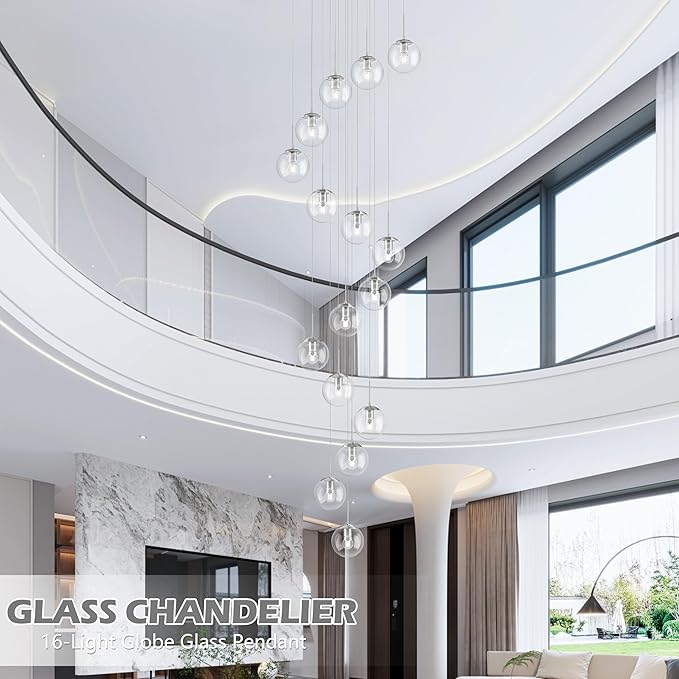 KoKo&Yukina 16-Light Nickel Mid Century Modern Chandelier for Living Room Staircase Chandelier for Entryway Clear Globe Glass Chandelier High Ceiling Chandeliers Foyer Entryway (Bulb & Remote Incl.)