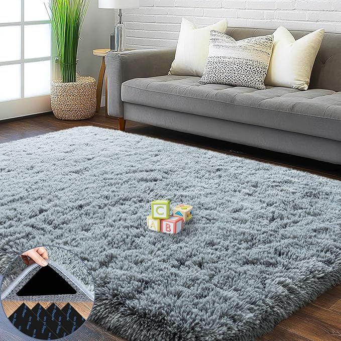 Grey Area Rug for Bedroom, 4x6 Soft Rugs for Living Room Nursery Kids Room Dorm Home Decor Aesthetic, Fluffy Shaggy Rug with 4 Anti-Slip Carpet Tapes
