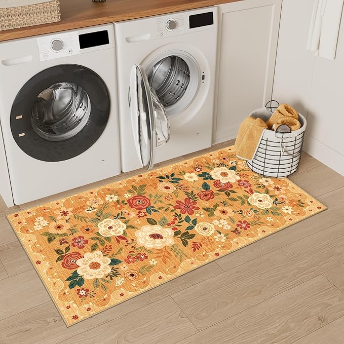 DUKINO 2x4 Rug for Entryway, Washable Kitchen Floral Runner Rug with Non Slip Backing, Low Pile Soft Boho Carpet for Kitchen, Hallway, Entryway, Laundry, Bedroom, Orange