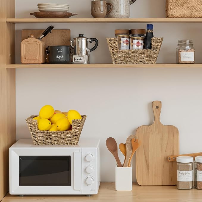 StorageWorks Small Pantry Baskets for Patato and Onion Storage, Wicker Baskets for Organizing with Built-in Handles, Seagrass Pantry Organizers and Storage for Kitchen Shelves, Countertop, 2 Pack