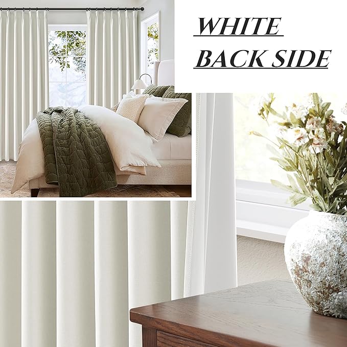 Beige White Linen Full Blackout Curtains 84 Inches Long, Viral Pinch Pleated Curtains with Hooks Thermal Insulated Boho Drapes for Living Room/Bedroom Window Treatment (40" Wx84 Lx2 Panels)