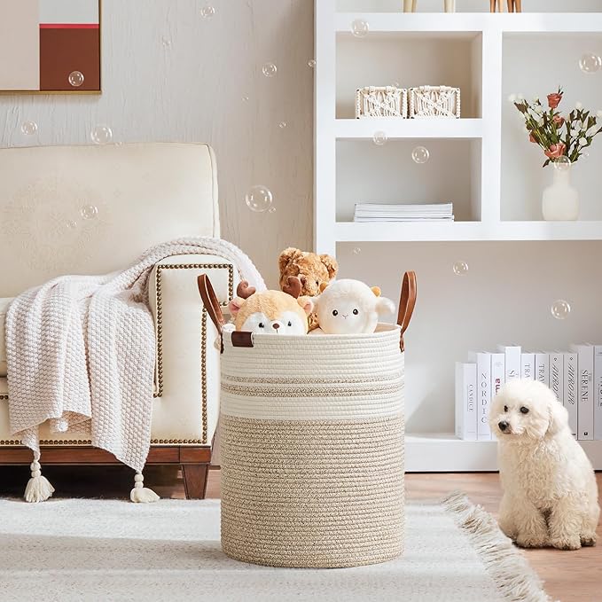 VIPOSCO Tall Laundry Basket, Large Dirty Clothes Hamper with Leather Handle, Woven Rope Storage Basket for Blanket, Toy In Living Room, Bathroom, Bedroom - 53L Brown & White