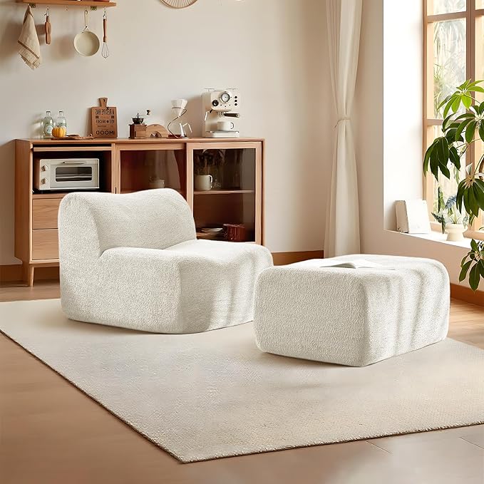 Lazy Sofa Chair, Modern Comfy Raindrop Velvet Fabric Deep Seat Armless Lounge Chair Movable Ottoman Set, 1-Seater Modular Sectional Sleeper Couch for Living Room, Bedroom, Office, Salon, Beige