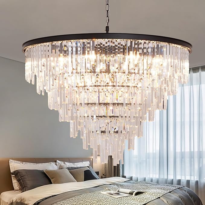 39'' Modern Crystal Chandelier, Black Round Ceiling Light with Clear Prisms, Luxury Flush Mount Lighting Fixture for Dining Room Bedroom Foyer