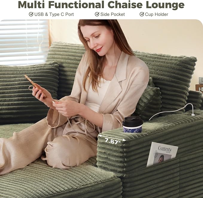 HUSFU 60'' Oversized Chaise Lounge Chair, Upholstered Sofa Bed, Sleeper Couch Reading Chairs with USB Port and Cup Holders,Comfy Cloud Sofas Couches for Living Room,Green