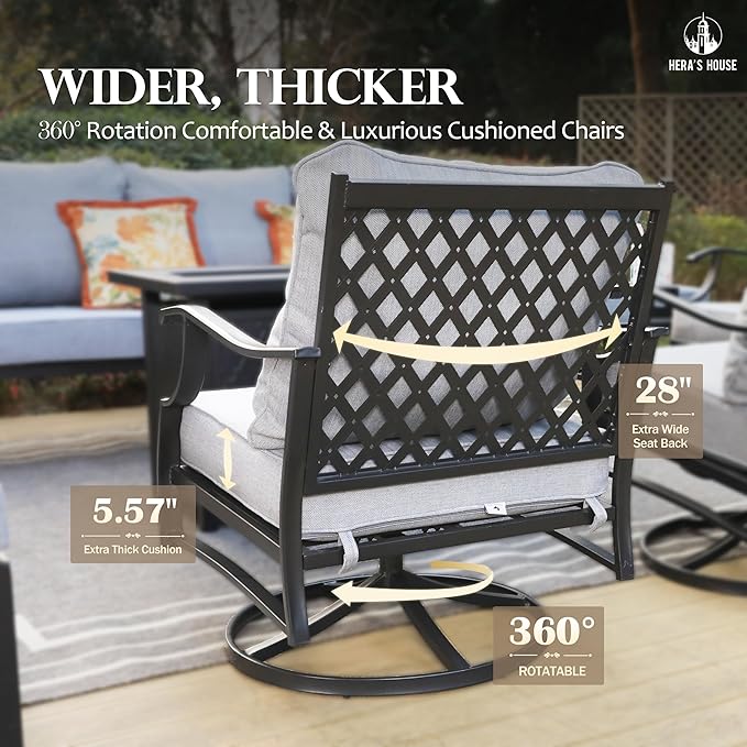 HERA'S HOUSE 6 Piece Patio Furniture Set, 2 x Swivel Cushioned Chair, 2 x Cushioned Ottoman, 1 x 3-Seat Sofa with Marbling Coffee Table, Outdoor Conversation Set for Lawn Garden Backyard, Gey