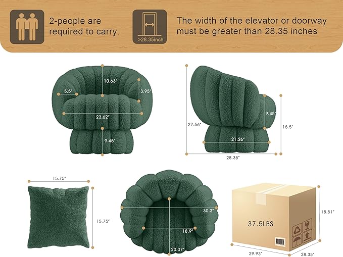 Mid Century Modern 360 Degree Barrel Swivel Accent Sofa Chair,Fluffy Sherpa Fabric Lounge Wide Upholstered Pumpkin Reading Chair, Round Cloud Armchair for Living Room,Bedroom,Vanity(Green)