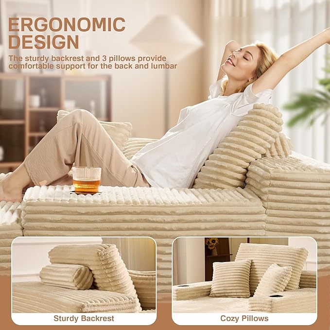 Chaise Lounge Chair Indoor, 67" Oversized Comfy Plush Fur Sleeper Sofa Bed with Cup Holders and Wide Armrests, Boneless Upholstered Recliner Bed, Modern Cloud Couch for Living Room, Beige