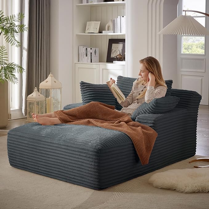 Boneless Couch Sofa Chiar Chaise Lounge Chair Indoor Upholstered Corduroy Couch Cloud Sleeper Sofa Oversized Reading Chair for Living Room No Assembly Required (Dark Grey, 50" W x 67" D)