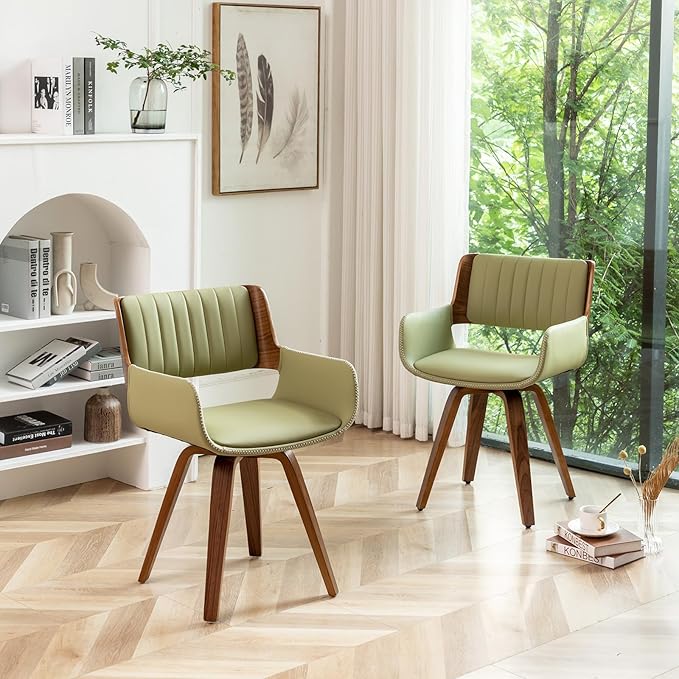 LUNLING Mid Century Modern Dining Chairs Set of 2,Swivel Accent Faux Leather Desk Chairs, with Wooden Legs/Armrest/Upholstered Seat/Adjustable Foots for Kitchen Dining Room Desk Chairs(Green)
