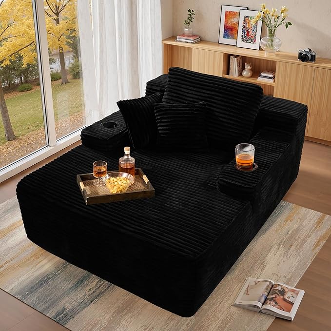 Chaise Lounge Chair Indoor, 67" Oversized Comfy Plush Fur Sleeper Sofa Bed with Cup Holders and Wide Armrests, Boneless Upholstered Recliner Bed, Modern Cloud Couch for Living Room, Black