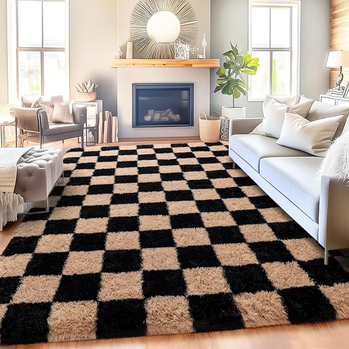 Checkered Rug for Living Room 6x9, Ultra Fluffy Fuzzy Shag Large Area Rug for Bedroom, Modern Plush Soft Upgrade Non-Slip Carpet for Kids Girls and Boys Room Dorm Home Decor, Black and Beige