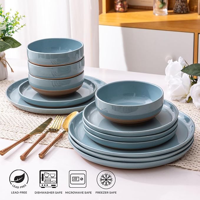 AmorArc Ceramic Dinnerware Sets for 6, 18 Pieces Handpainted Plates and Bowls Set with Rustic Terracotta Underside, Scratch Resistant Stoneware Dishes Set, Dishwasher & Microwave Safe, Stone Blue