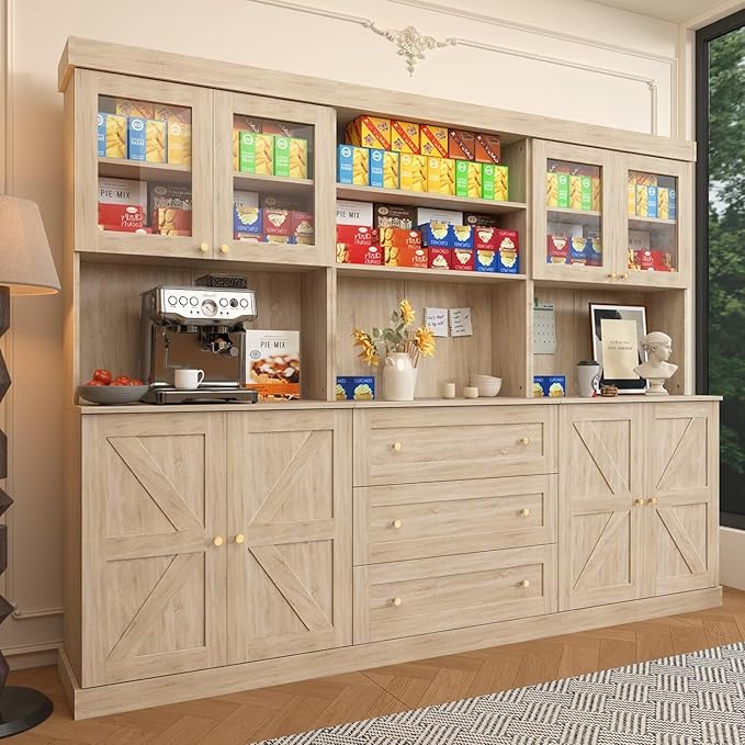 71" Farmhouse Kitchen Pantry, Rustic Brown Freestanding Coffee Bar Hutch with Microwave Stand, Storage Cabinet with Glass Doors, Drawers & Adjustable Shelves for Kitchen or Living Room, Set of 3