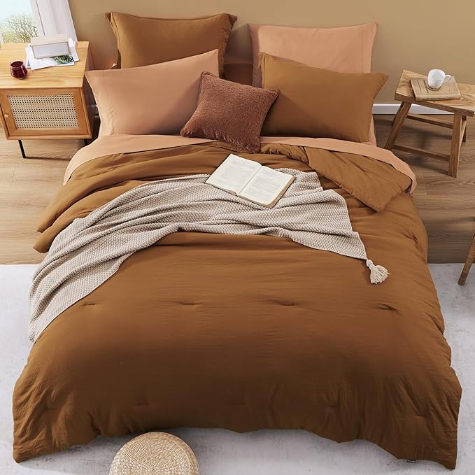 WRENSONGE Queen Comforter Set- 7 Pieces Terracotta Bed in a Bag Queen with Fitted Sheet, Flat Sheet, 2 Shams, and 2 Pillowcases- Warm Bedding Sets for All Season