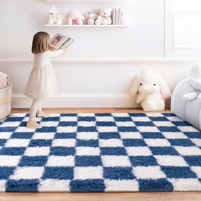 Checkered Rug for Living Room 8x10, Ultra Fluffy Fuzzy Shag Large Area Rug for Bedroom, Modern Plush Soft Upgrade Non-Slip Carpet for Kids Girls and Boys Room Dorm Home Decor, Navy and White