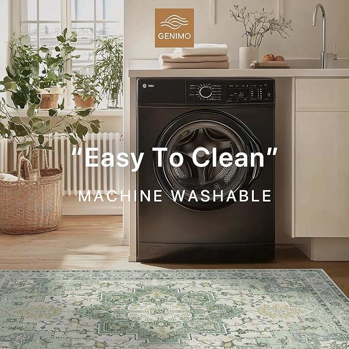 GENIMO 10x12 Area Rugs for Living Room, Machine Washable Non Slip Vintage Rugs, Low Pile Lightweight Chenille Print Rug for Bedroom, Dining Room, Home Office, Green