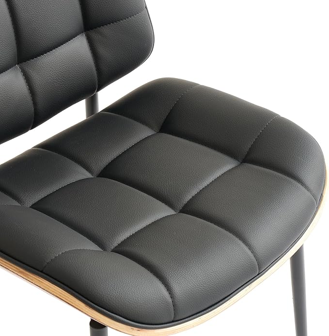 Mid Century Modern Dining Chairs with Walnut Grain Back, Black Faux Leather Dining Room Chairs Set of 4, Checkered Soft Cushion Kitchen Chairs with Adjustable Foot Pads
