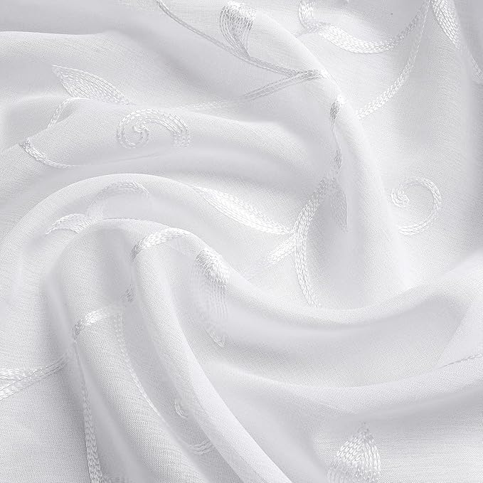 VISIONTEX Sheer Curtains 120 inch Length 2 Panels Set, White Voile Crushed Vine Leaves Embroidery, Rod Pocket Embroidered Window Drapes for Living Room and Bedroom, 54" x 120"
