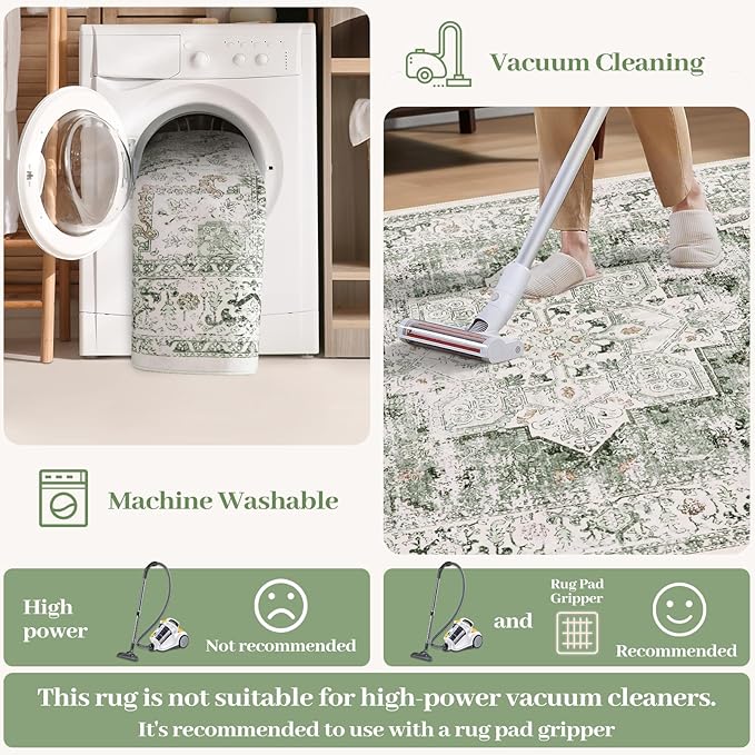 LIVEBOX Washable Area Rug 4x6 Vintage Tribal Bedroom Rugs Vintage Low-Pile Indoor Rug for Living Room, Non-Slip Retro Carpet Print Distressed Accent Carpet for Kitchen Entryway Office Camper, Sage