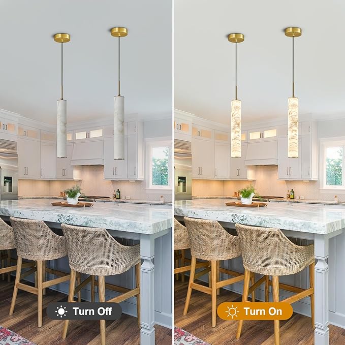 LMQNINE Natural Alabaster Pendant Lights for Kitchen Island White Marble Long Tube Chandelier Modern Gold Ceiling Light Fixtures for Bedroom Dining Room Table Living Room Hallway(M-1Pack)