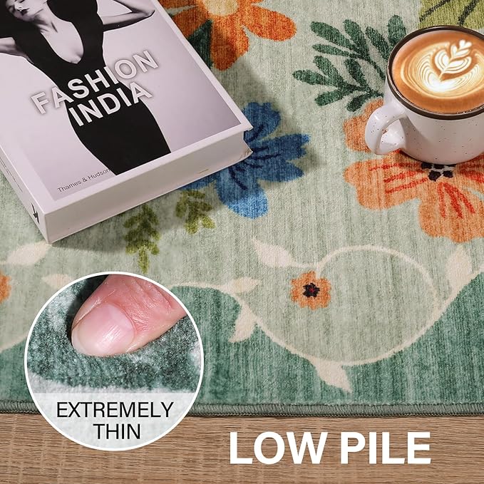 DUKINO 3x5 Area Rug, Floral Rugs for Living Room, Lightweight Non Slip Washable Rug, Indoor Low Pile & Non-Shedding Boho Design Rugs for Bedroom, Living Room, Dining Room, Green