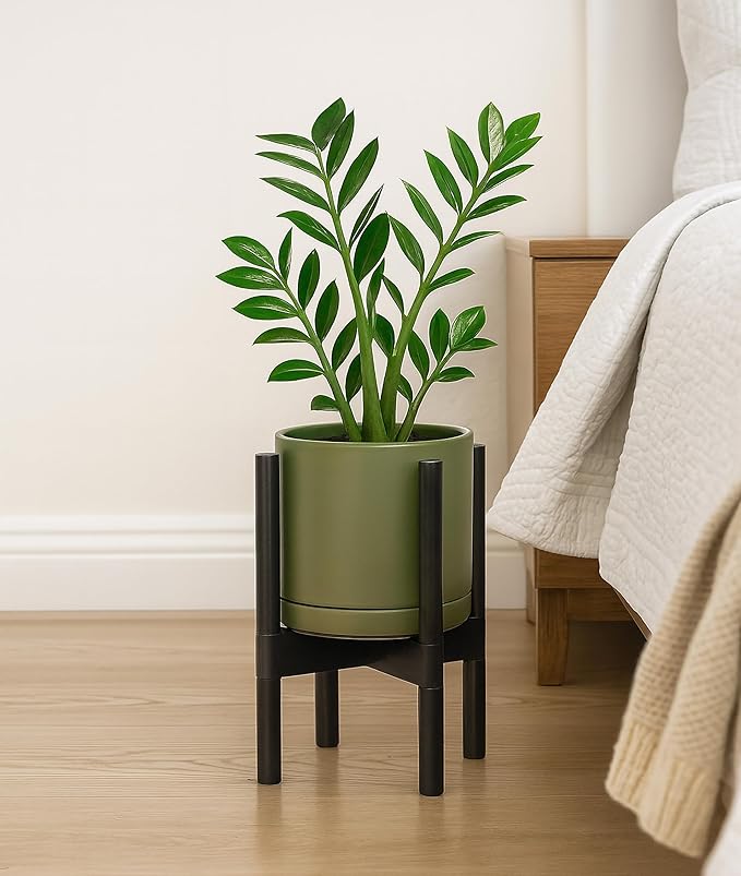 D'vine Dev Ceramic Planter with Ebony Stand - 8 Inch Modern Round Flower Pot with Wood Planter Holder, Olive, 55-B-M-J