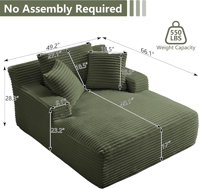 GNIXUU Oversized Boneless Chaise Lounge Chair Indoor, Comfy Fluffy Lounge Sofa Upholstered Sleeper Sofa Couch with Throw Pillows and Armrests, Corduroy Plush Cloud Chair for Living Room, Olive Green