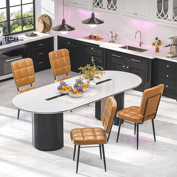 Leather Dining Chairs Set of 6, Upholstered Dining Room Kitchen Chairs with Thick Cushion, High Backrest, Metal Legs, Mid Century Modern Side Chair for Living Room Restaurant, Turmeric Brown