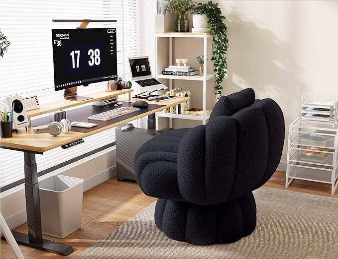 Mid Century Modern 360 Degree Barrel Swivel Accent Vanity Chair,Fluffy Sherpa Fabric Lounge Wide Upholstered Pumpkin Reading Chair, Round Cloud Armchair for Living Room,Bedroom,Vanity(Black)