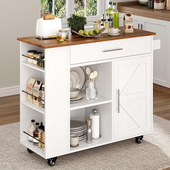 4 EVER WINNER Kitchen Island cart with Storage on Wheels, Kitchen Island with Storage Cabinet, Spice Rack & Towel Rack & Drawer, Kitchen Island Cart with Open Shelves for Dining Room,White