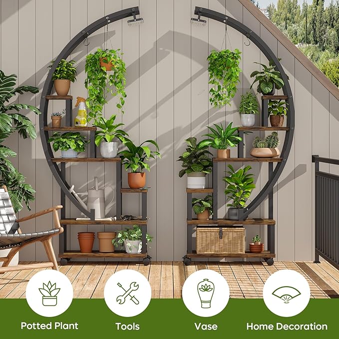 Bestier Plant Stand Indoor with Grow Lights, 6 Tiered Metal Plant Stand with Wheels for Plants Multiple, Half-Moon Shape Plant Rack Display Shelf, Large Plant Holder or Home, Patio, Balcony (2 Pcs, Brown)