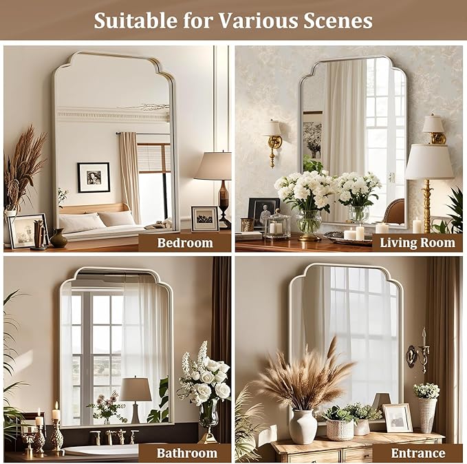 20" x 30" Silver Arch Bathroom Mirror, Wall Mounted Vanity Mirror with Metal Frame, Modern Decorative Scalloped Wall Mirror for Sink, Bedroom, Living Room, Entry, Farmhouse Home