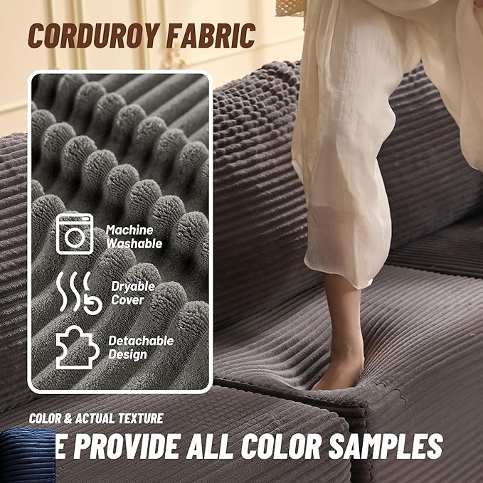 107" Boneless Couch with Deep Seat, Modular Sectional Sofa, Cloud Sectional Couch for Living Room, No Assembly Required, Corduroy, L-Shape Left，Grey