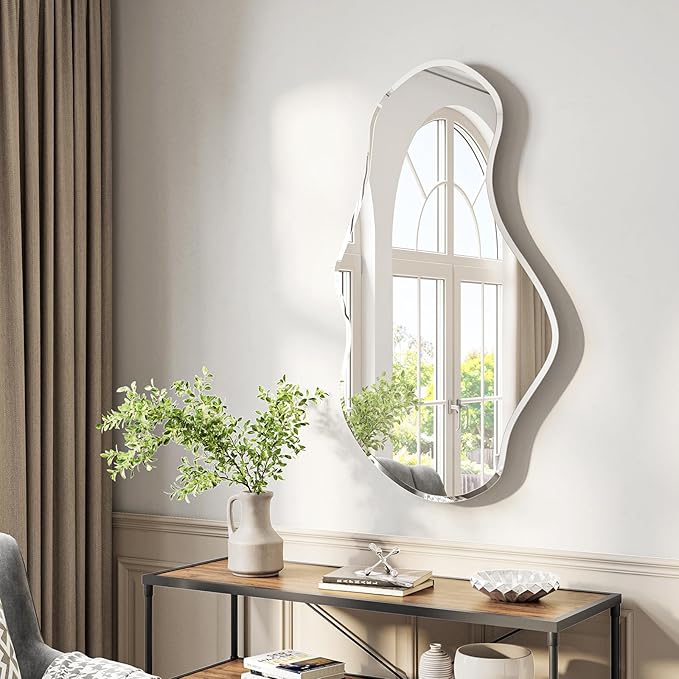 USHOWER Irregular Wall Mirror 26"x46", Frameless Asymmetrical Mirror, Modern Wall Mirrors Decorative for Bathroom, Bedroom, Living Room, Entryway, Cloakroom Renovation