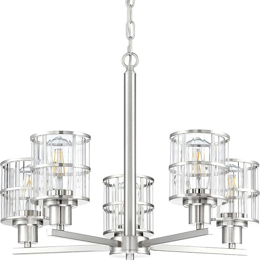 5 Light Modern Industrial Glass with Brushed Nickel Finish,Metal Cage Lighting Fixture and Decoration for Living Room Bedroom Kitchen Farmhouse(UL Certification)