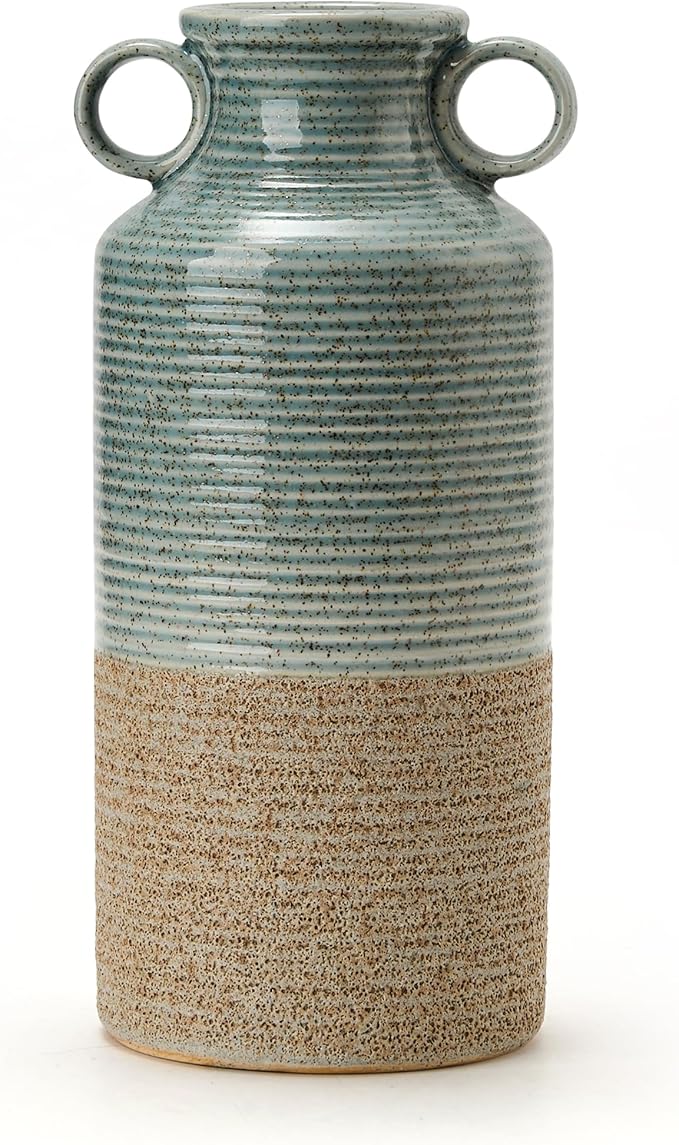 Blue and Brown Ceramic Rustic Vase with 2 Round Handles, Modern Farmhouse Flower Vase, Vintage Terracotta Vases for Home Decor, Wedding, Living Room, Table, Shelf Decor - 9.5 Inch Tall