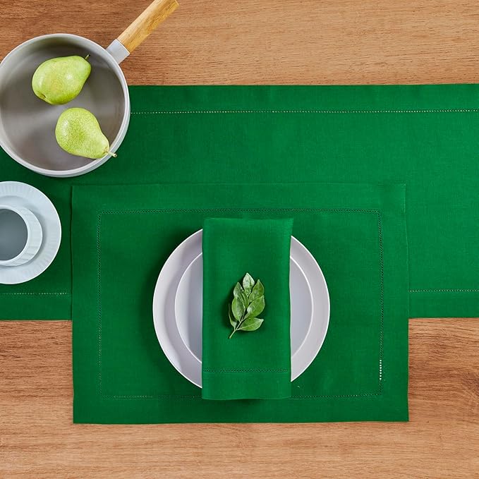 Solino Home Linen Garden Green Table Runner 132 Inches Long - 100% Pure Linen Extra Long Table Runner 14 x 132 Inch for Christmas - Classic Hemstitch