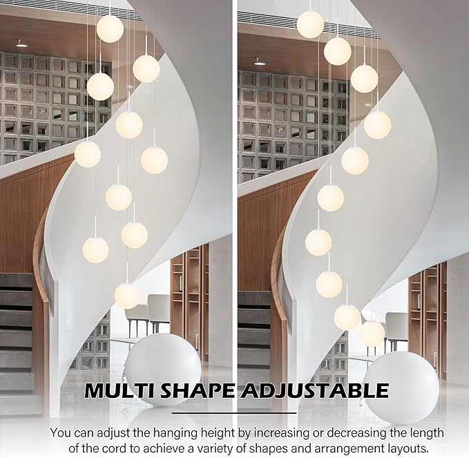 KoKo&Yukina Globe Pendant Light Adjustable Hanging Light Staircase Chandelier Milk Glass Pendant Lights with Milky White Glass Shade Globe Lights for Staircase