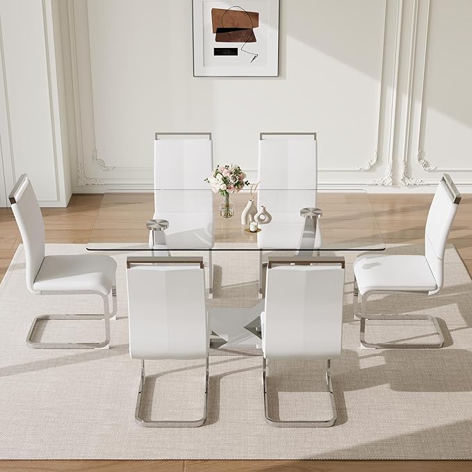 63” Glass Dining Table Set for 6,Modern Dining Room Table Set for 6, Kitchen Table and PU Leather Chairs, Rectangle Tempered Glass Table Set with Chrome Silver Legs