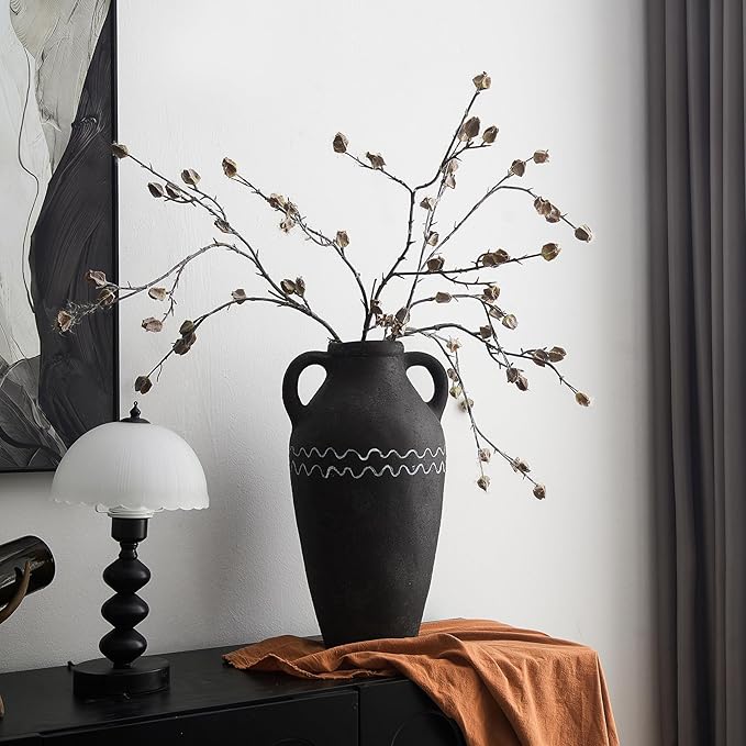 Large Black Ceramic Vase, 14.5" H Farmhouse Rustic Decorative Vase Table Centerpiece, Pottery Terracotta Tall Vases Living Room Bathroom Weddings Decorations