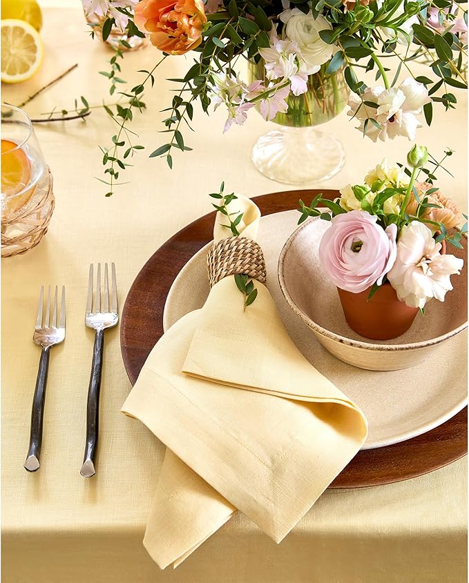 Solino Home Linen Tablecloth 52 x 52 Inch - 100% Pure Linen Golden Straw Square Tablecloth - Fete, Machine Washable Table Throw for Fall, Autumn, Thanksgiving