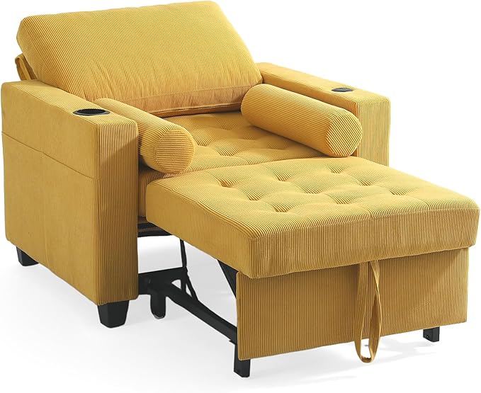 UIXE 3-in-1 Sleeper Chair Pull Out Sofa Bed, Convertible Reclining Seat Upholstered Armchair, Adjustable Backrest Recliner Chair with Side Pockets, Cup Holder & USB Ports - Yellow