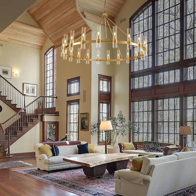 Gold Wagon Wheel Chandelier, 60 Inch Glass Chandeliers, 20 Light Chandelier for High Ceiling, Modern Farmhouse Chandeliers for Living Room, Dining Room, Entryway, Stairwell(Bulbs Included)