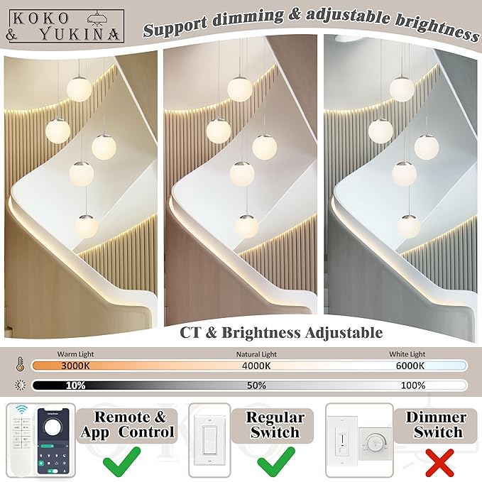 KoKo&Yukina 5-Light Globe Glass Pendant Light Adjustable Length Pendant Lights Fixtures Modern Nickel Chandelier with Milky White Glass Ceiling Lights for Foyer Hallway Bedroom (Bulb & Remote Incl.)