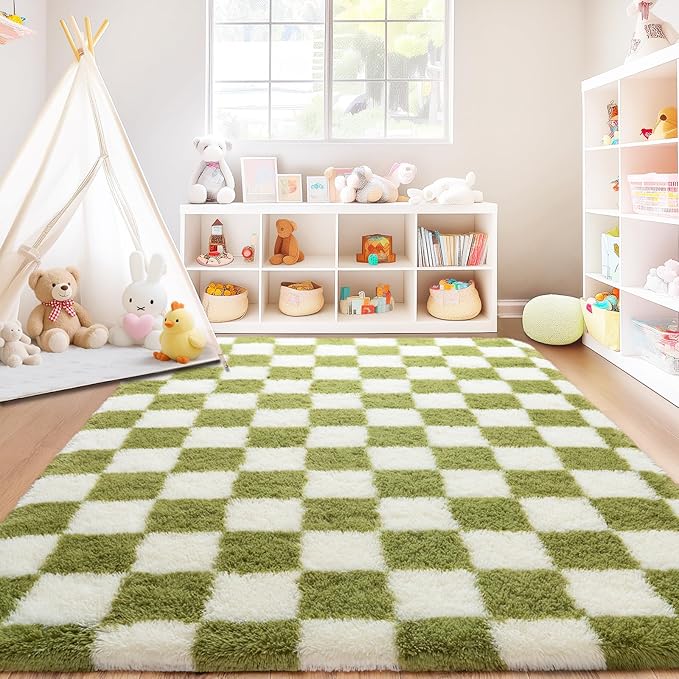 Checkered Rug for Living Room 8x10, Ultra Fluffy Fuzzy Shag Large Area Rug for Bedroom, Modern Plush Soft Upgrade Non-Slip Carpet for Kids Girls and Boys Room Dorm Home Decor, Cream and Green